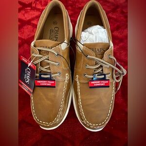 Chaps Men’s Brown Leather Moc-Toe Boat Shoes with White Soles